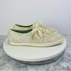 Kate Spade Keds Sneakers Womens 5.5 White Cream Satin Lace Glitter Dipped Bridal